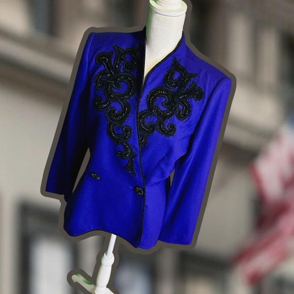 John Meyer of Norwich Vintage Indigo Purple & Black Brocade Sequin Wool Blazer - Picture 6 of 16